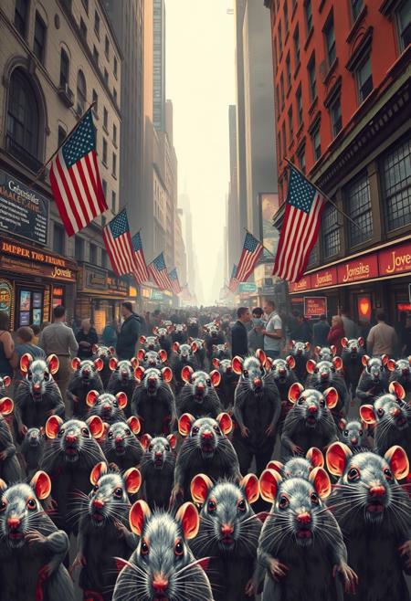 a stock market in wall street, a crowd of rats shocked by market crash