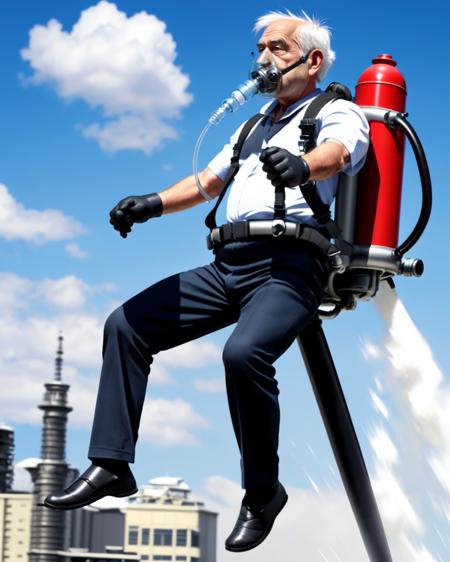 jetpack outdoors day flying black gloves oxygen tank mouth mask