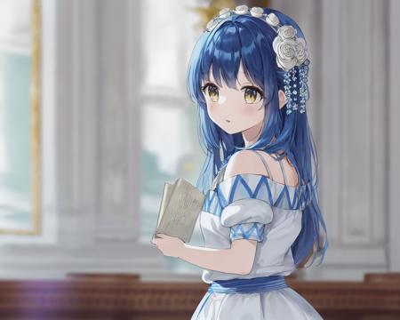 MFB Style; Myne, blue baptism dress, white flower hairstick, blue hair; masterpiece; detailed; reflective; depth of field; 8k; (solo); photo; temple;