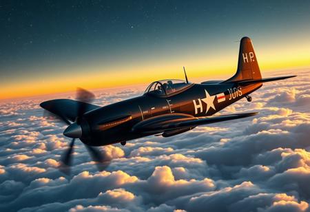 masterpiece, highres, best quality, high quality, highly detailed, upscale, clear image, sharp image, sharp focus, sharp lines, high definition, photograph, Vought F4U Corsair bf-109, flying over clouds, star filled sky, night sky