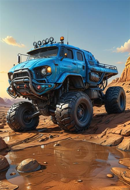 (cel-shading:2)+, (in ARTIST style:1.6), (masterpiece:1.7),  glow blue neon, hyperrealism, glossy, shinny, clear image, accurate picture, clear picture, precise image, focused image, Science fiction style, Science fiction, (cozy comfy, no humans, science fiction, vehicle focus, giant offroad truck, mobile base, rough terrain and deep mud, alien planet) comic style, (ultra sharp focus:2), (thin lines:2), (best quality:1.8), 
(masterpiece:1.8), (highest detailed:1.8), perfectly lighted, (contrast), (saturated), (((sharp focus))),
(hyperdetailed:1.3), (intricate details:1.2), (Refined details:1.3), (best quality:1.5), highly detailed textures, vibrant colors,
(ultra sharp focus:1.8), (detailed texture:1.8), (detailed edges:1.8), (thin lines:1.8), (best quality:1.8),
<lora:Apparatus_-_Traction_City_Walkers_Vehicles:0.8>,