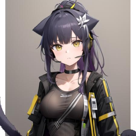 ((masterpiece)),(best quality),official art,extremely detailed CG,unity 8k wallpaper,ultra detailed,1girl,solo,upper body,(portrait:1.2),jessica the liberated (arknights),headset,animal ears,long hair,cat ears,knee pads,black shorts,cat tail,looking at viewer,long sleeves,boots,purple hair,black thighhighs,black hair,ponytail,black footwear,cat girl,bangs,open coat,black coat,yellow eyes,medium breasts,black jacket,grey shirt,black choker,black shirt,<lora:Jessica The Liberated(ark)>,