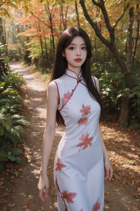 1girl,very long hair,rim light,absurdres,(autumn maple forest:1.3),very few fallen leaves,(path),botanical garden,(white printed cheongsam:1.2),medium_shot,