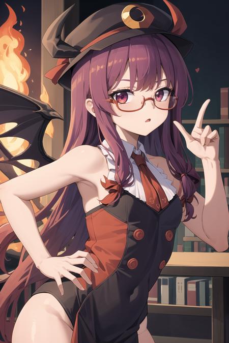 best quality, masterpiece,girl,2girls, bat_wings, bespectacled, commentary_request, crescent, crescent_hat_ornament, fire, glasses, hat, hat_ornament, head_wings, koakuma, library, long_hair, multiple_girls, niu_ju_(orange_bull), patchouli_knowledge, purple_eyes, purple_hair, red_eyes, red_hair, touhou, voile, wings