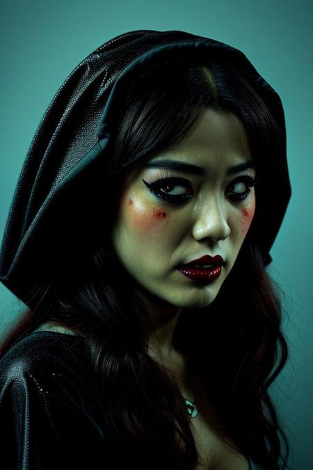 A sexy glam rock nun geisha vampire tears through reality. fangs:2.0. medium shot. high contrast lighting. white digital shatter. Batik. rock and roll. neon background, face close up, side view,