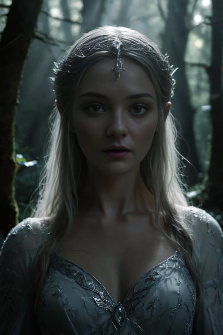 Setting & Atmosphere:
The scene takes place in the heart of LothlÃ³rien, in a dimly lit, ethereal environment with a mystical and otherworldly ambiance. The surrounding area is bathed in a soft, silver-blue light, giving it a dreamlike quality. The light seems to emanate from the trees and water around them.
Galadriel's Expression:
Galadrielâs face is calm and serene, but as she imagines the power of the Ring, her expression changes dramatically. Her eyes widen, glowing with an intense, almost otherworldly light, and her face contorts slightly with a mixture of temptation, power, and latent darkness. Thereâs a sense of immense power brewing within her, restrained yet palpable.
Her Transformation:
As she speaks, thereâs a visual transformation where Galadriel appears larger, more formidable, and otherworldly. Her skin takes on a shimmering, almost metallic hue, with silver and blue tones. Her eyes become brilliantly luminous, glowing with a fierce light that contrasts with the darkness around her. The lighting accentuates the sharpness of her features, giving her a more defined, almost statuesque appearance.
Clothing & Accessories:
Galadriel is wearing a long, flowing white gown made of a delicate, almost translucent material that glows faintly in the low light. The gown has intricate silver embroidery along the edges, with patterns resembling leaves and vines. Her hair is long, golden, and flowing, cascading down her back like a river of light. She wears a simple, elegant silver circlet on her head, adorned with a single white gem in the center.
Lighting & Shadows:
The light around Galadriel is both soft and harsh, creating a duality in her appearance. While her face and upper body are illuminated by a soft, ethereal light, her lower half and the surrounding area are cast in deep shadows, emphasizing the contrast between the light and dark aspects of her character in this moment. The shadows move and flicker subtly, adding to the eerie, powerful atmosphere.
Background Elements:
Behind her, the ancient trees of LothlÃ³rien loom tall, their twisted branches reaching out like dark tendrils. The leaves glisten as if covered in dew, reflecting the faint light. The water in the background is calm, reflecting the soft light of the scene, adding to the mystical feel.
Her Aura:
During the transformation, Galadriel emanates a powerful aura that seems to ripple through the air around her, distorting the space slightly. The air seems to shimmer with energy, and thereâs a sense of awe and dread as she imagines herself as the Dark Queen. The colors around her become more intense, with deep blues, silvers, and blacks dominating the scene. <lora:add-detail-xl:1> <lora:extremely_detailed:1> <lora:zavy-cntrst-sdxl:1>