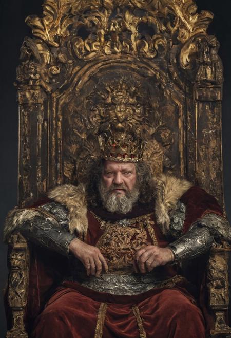 an old king sitting on throne, from front, brown hair, medium hair, curly hair, brown beard, dark theme, grumpy, head rest with one hand, golden crown, golden ornament, two knights standing on the side,
