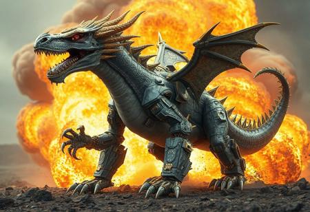 "Imagine a majestic, mecha-anthropomorphic Tyrant Dragon dinosaur from a grey and gold Jurassic World, inspired by Gatōken Shunshi and resembling a lion. Picture it in a full-body sarcastic pose, headless with a locked and loaded attitude amidst a grand explosion. This awe-inspiring live-action adaptation, available on eBay, showcases intricate details, vibrant colors, and dynamic composition, integrating elements of patreon, mecha, and glorious design. Envision it as a high-resolution, 4K artwork with stunning colors, sharp lines, and harmonious aesthetics. This unique piece, reminiscent of works by Peter Mohrbacher, Wadim Kashin, Greg Rutkowski, and other renowned artists, would make an exceptional addition to any art aficionado's collection. Trending on ArtStation and CGSociety, this 16K masterpiece, created with Octane Render and Unreal Engine 5, delivers an unforgettable visual experience."