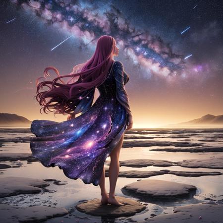 In the foreground, a woman stands, her silhouette etched against a backdrop of a starlit sky. Her hair flows like a river of ink, and her eyes, reflecting the universe, hold galaxies within. Around her, the air shimmers with the light of distant stars, and the earth beneath her feet blooms with nocturnal flowers, their petals aglow with moonlight.






