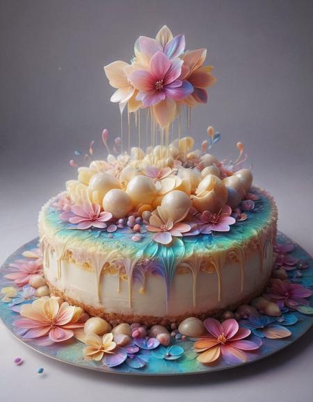 cheese cake, p1nk1r1fl0wers, made out of iridescent flower petals, high quality, masterpiece <lora:PinkieIriFlwrsSDXL:1>