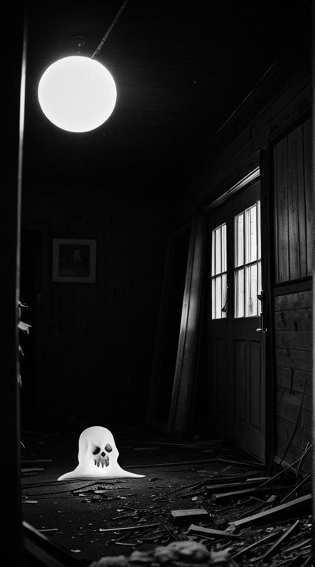 An antique, black-and-white photo, slightly blurred, showing a angry macabre ghost, full-bodied, haunting a spooky derelict house in a nighttime forest. <lora:Aether_Cloud_v1:1>