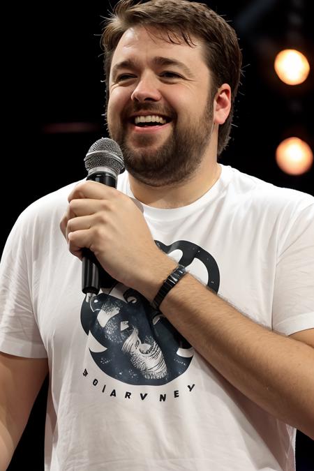 JasonManford, beard, wearing a white graphic tee, holding a microphone, standup comedy, laughing <lora:rs-JasonManfordLora-03:1>