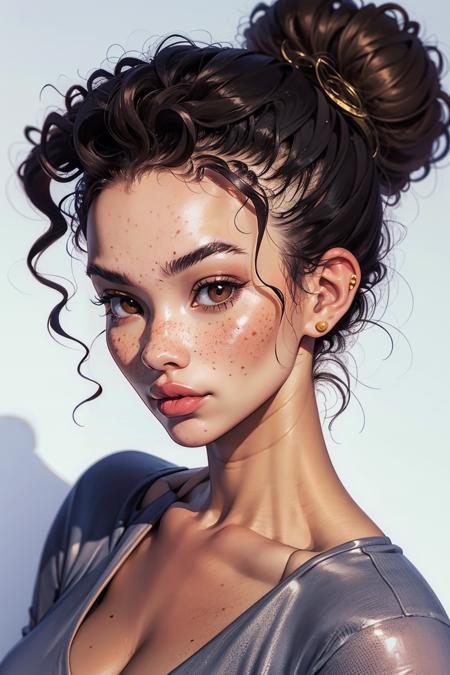 m1xd0ll, 1girl, updo, black hair, brown eyes, portrait, freckles, tan skin, curly hair, upper body, <lora:m1xd0ll:0.7>  masterpiece, best quality, <lora:age_slider_v20:1> <lora:detail_slider_v4:1>