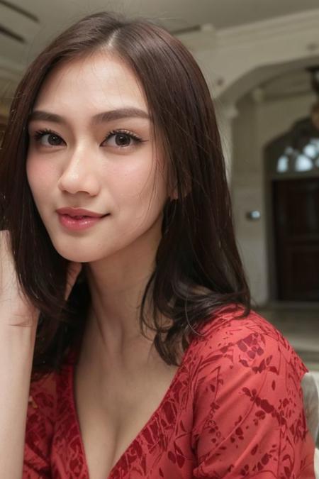 masterpiece, best quality, 1girl, purple eyes, yellow eyes, gradient eyes, black hair, long hair, long eyelash, medium breasts, 
portrait, depth of field, in hall, golden time, tan skin, {smirk|smile|parted lips}, (jawline, strong jawline), view from side, Messy hair, red dress, cleavage