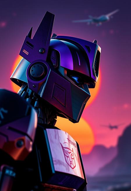 Purple and black Optimus Prime cowboy shot cinematic photograph with an orange and blue synthwave sun background. Slightly turned. Dragon theme.