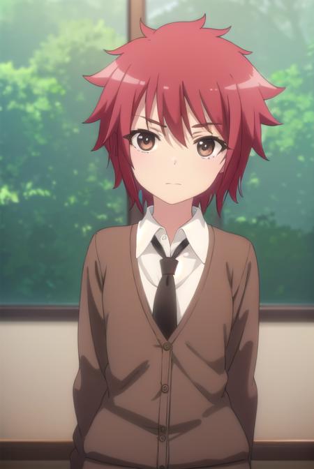 aoiyusa, <lora:aoi yusa s2-lora-nochekaiser:1>,
aoi yusa, short hair, (brown eyes:1.3), red hair,
BREAK school uniform, necktie, shirt, white shirt, collared shirt, cardigan, brown cardigan,
BREAK indoors, classroom,
BREAK looking at viewer, (cowboy shot:1.5),
BREAK <lyco:GoodHands-beta2:1>, (masterpiece:1.2), best quality, high resolution, unity 8k wallpaper, (illustration:0.8), (beautiful detailed eyes:1.6), extremely detailed face, perfect lighting, extremely detailed CG, (perfect hands, perfect anatomy),