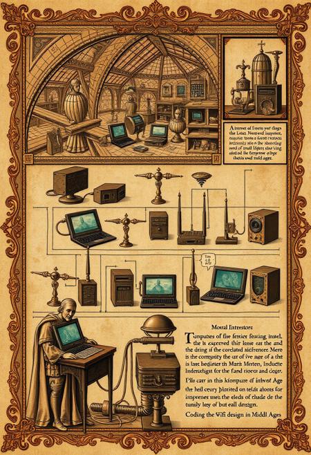 Historical Scene, Medieval Art Style, Detailed Sectioned Illustration of the Manufacture of Internet and the Art of coding in the Middle Ages, Depicting Innovations, computers, and network devices, Ornate Decorative Background, Including a Small Inset on the Manufacture of Wifi Router Production and Influence. This masterpiece image is a high resolution, detailed sectioned illustration of the Manufacture of Internet and the Art of the Coding in the Middle Ages, executed in the style of Medieval art. The upper section showcases the innovations of the Manufacture of Internet, featuring intricately decorated app-icons, buttons, and other ornamental transistors that highlight the exceptional quality of the design. The middle section presents various medieval computers such as laptops, servers, ipads, routers, switches, with small icons or illustrations indicating the importance of coding and transistors, possibly featuring a small Microship. The lower section illustrates manners of Chip design in the Middle Ages.