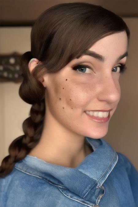beautiful woman, (freckles), big smile, dark eyes, braided hair, dark makeup, hyper detailed photography, soft light, head and shoulders portrait, cover of a 21 year old woman with a serene expression and delicate features, her light brown hair is styled in a loose adult braid over one shoulder, mesmerizing eyes, no bra, she wears a blue headband with orange floral patterns, large HH bust, light hair on her face, skin imperfection, she has light tan skin and soft pale black eyes that convey a gentle confidence, her look is elegant and casual, with casual blue denim clothing, the lighting is soft and natural, enhancing the warmth and quality of the portrait. Engulfed in Red, a portrait of a pretty young French woman, intricate details, modern, 16k, digital art, artstation, cinematic lighting, vivid, professional film photography 3D model, a portrait of a pretty young French woman, faded film, desaturated, 35mm photo, grainy, vignette, vintage, Kodachrome, Lomography, smudged, highly detailed, found footage . octane rendering, highly detailed, volumetric, dramatic lighting