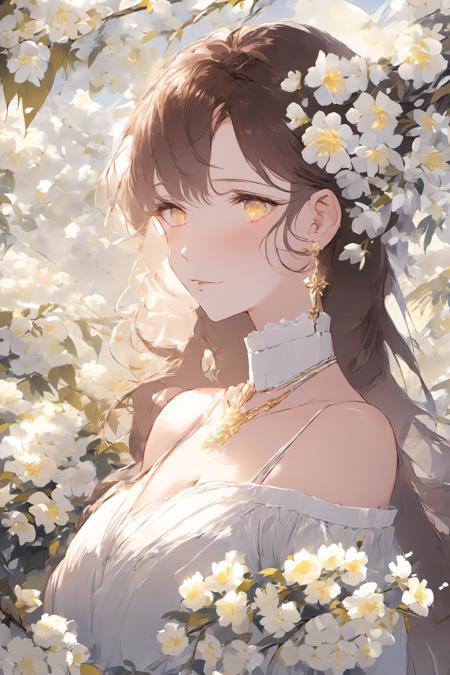 depth of field, masterpiece, best quality, 1 girl, solo, brown hair, looking at viewer, yellow eyes, upper body, white shirt, breasts, off-shoulder shirt,a lot of white flowers, leaf, blurry foreground, choker, sunlight<lora:[XL]bewildering:1>