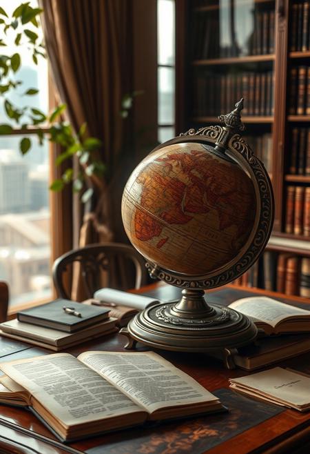 Intricately textured, cinematic, The antique globe, intricately carved with intricate designs and designs, spins slowly on a polished desk. The desk is cluttered with books and papers, and a stack of books lies open on the desk, waiting for its next adventure. The air is thick with the scent of old books and the sound of rustling leaves. The scene is set in a cozy study, with a large window overlooking a city skyline.