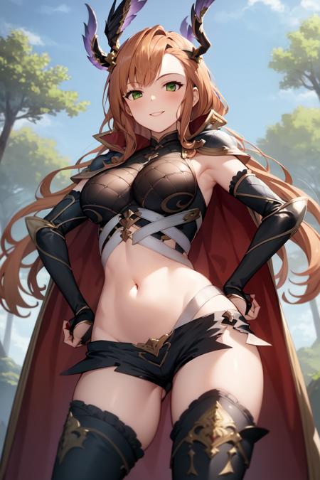 masterpiece, absurdres, perfect anatomy, 1girl, solo, Tweyen, green eyes, long hair, head wings, TweyenBase, armor, thighhighs, elbow gloves, shorts, cape, nature scene, standing, cowboy shot, smile, hands on hips