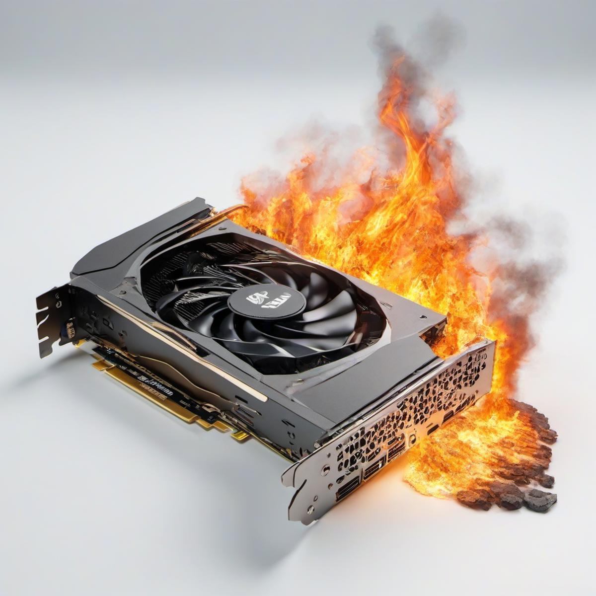 A computer fan on fire with a flame and smoke.