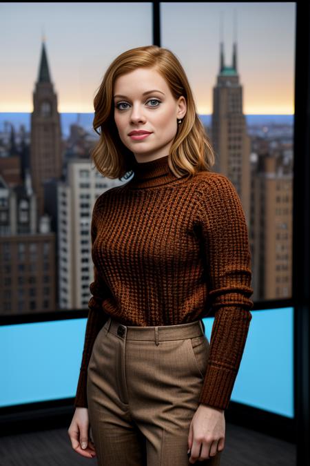 a professional photograph of beautiful(J4n313vy:1.1) woman,as a CEO,wearing a (tan sweater:1.1)and(brown slacks:1.2),standing in a (conference room:1.2),presenting (marketing briefing:1.3),(large windows with cityscape in background:1.3),table surround with management directors,long hair,jewelry,lipstick,makeup and eyeshadow,modelshoot style,sharp focus,detailed eyes,(highly detailed),(HDR),(8k wallpaper),colorful,vivid color,intricately detailed,highres,absurdres,hyper realistic,8K UHD DSLR,Fujifilm XT3,taken with (Canon EOS 1Ds camera),extremely intricate,dramatic,(looking at viewer),4k textures,elegant,hyperdetailed,PA7_Portrait-MS,<lora:J4n313vy_03C-000004:1.0>,