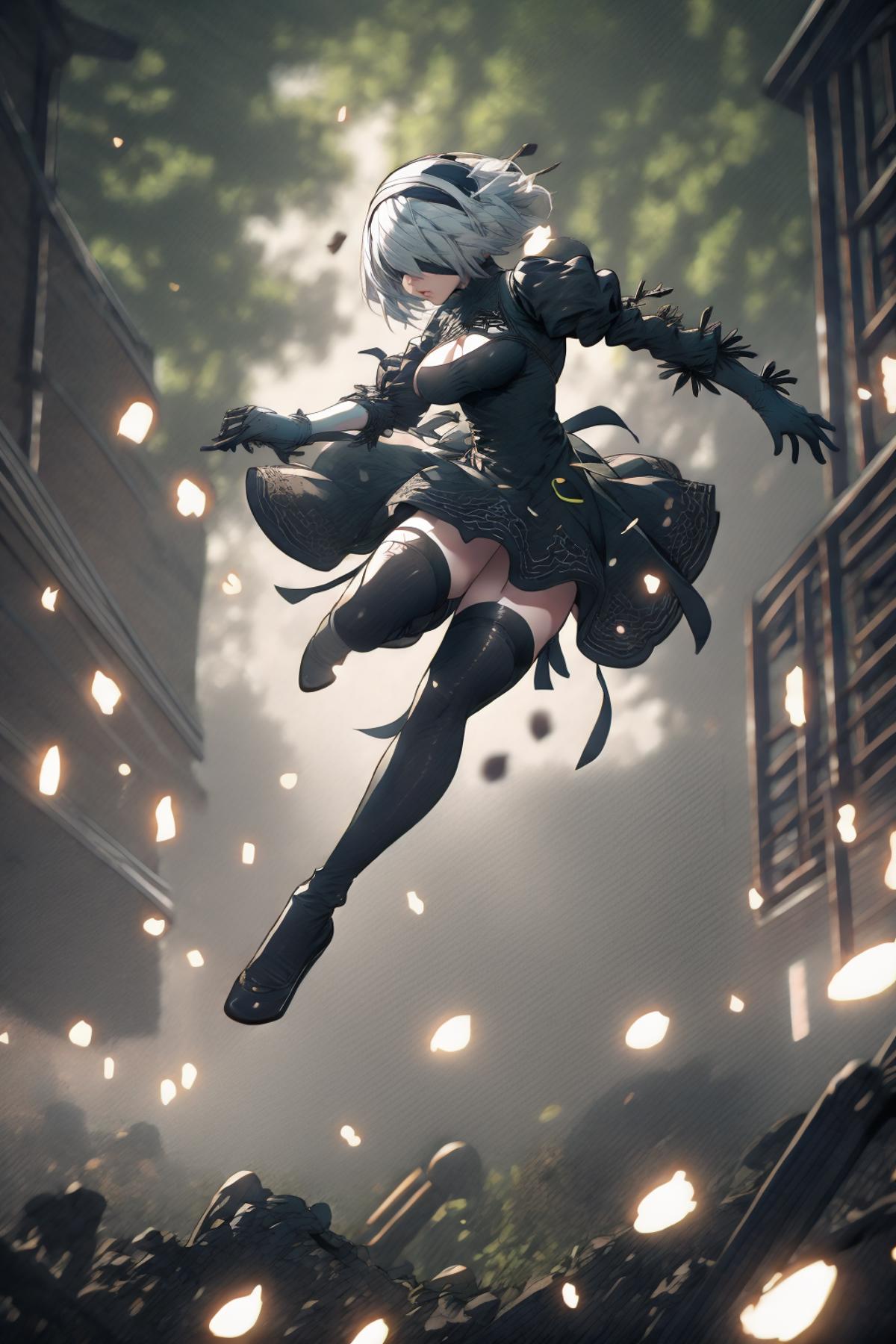 The Anime Character in Action: A Girl Jumping High with Black Boots, Black Dress, and Black Gloves.