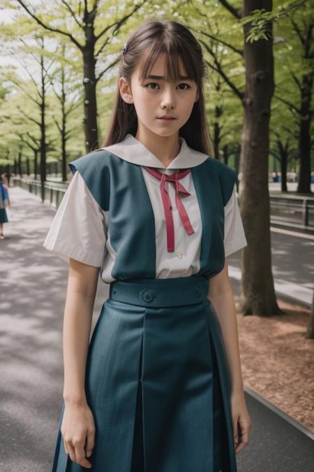 RAW, 8k, highest quality, close up photo of european girl, tokyo-3 middle school uniform, park background, hyperrealism, color correction, Fujifilm XT-3, 50mm, adobe lightroom, ultra detailed, flickr