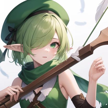 (masterpiece, best quality:1.2),illustration,8k,hd,1girl,upper body,(portrait:1.2),green scarf,pointy ears,elf,hat feather,two-tone shirt,torn scarf,green shirt,detached sleeves,shirt,scarf,solo,holding,hair over one eye,green eyes,white shirt,hat,sleeveless shirt,green sleeves,short hair,green headwear,bow \(weapon\),sleeveless,holding bow \(weapon\),shorts,beret,green hair,thighhighs,weapon,armpits,holding weapon,green thighhighs,striped thighhighs,looking at viewer,vertical-striped thighhighs,arrow \(projectile\),green shorts,small breasts,quiver,feathers,<lora:Futaba Aoi-V1>