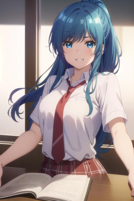 minaminanami, <lora:minami nanami s1-lora-nochekaiser:1>,
minami nanami, long hair, blue eyes, blue hair, ponytail, sidelocks, smile, grin,
BREAK skirt, shirt, school uniform, white shirt, short sleeves, necktie, plaid, plaid skirt, red necktie, brown skirt,
BREAK indoors, classroom,
BREAK looking at viewer,
BREAK <lyco:GoodHands-beta2:1>, (masterpiece:1.2), best quality, high resolution, unity 8k wallpaper, (illustration:0.8), (beautiful detailed eyes:1.6), extremely detailed face, perfect lighting, extremely detailed CG, (perfect hands, perfect anatomy),