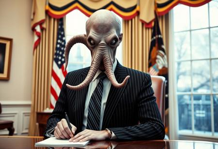 president cthulu in a sharp pin striped suit posing for presidential portrait in the oval office, real photograph, signing bill, empty eyes, lovecraftian, vote for cthulu