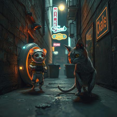 Two tiny mice, dressed in high-tech, advanced spacesuits with glowing visors and futuristic gadgets, are stepping out of a small, sleek alien spacecraft. Their faces are lit with excitement and wonder as they eagerly anticipate meeting Earth's inhabitants. However, they’ve mistakenly landed in a gritty, dimly lit urban alleyway with a few neon signs casting light . The walls are covered in graffiti, and trash bins line the narrow space. Emerging from the shadows, an alley cat with a muscular physique, sleek fur and piercing gold and green eyes is poised to pounce, toward the unsuspecting mice. The scene is illuminated by a flickering streetlight neon and neon signs, casting eerie shadows across the alley., architecture, fashion, poster, 3d render