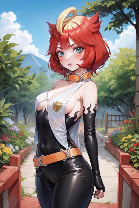 mela, gloves, black gloves, freckles, bare shoulders, bodysuit, makeup, collar, ahoge, fingerless gloves, belt, black bodysuit, lipstick, thigh boots, collarbone, nail polish, short hair