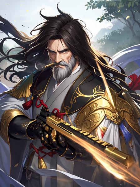 masterpiece,best quality,highres,cinematic lighting,dramatic angle,<lora:ShadowverseKagemitsuV1-000021:0.8> ,1 old man,black hair ,white beard,falling leaves,holding pistol,glock,revolver,pointing at viewer,gun,japanese clothes,armor,ribbons,knots,wide sleeves,gauntlets,jewelry,grey eyes,looking at viewer,close-up,straight-on,portrait,(holding 
shotgun:1.3),cigarette in mouth,steam