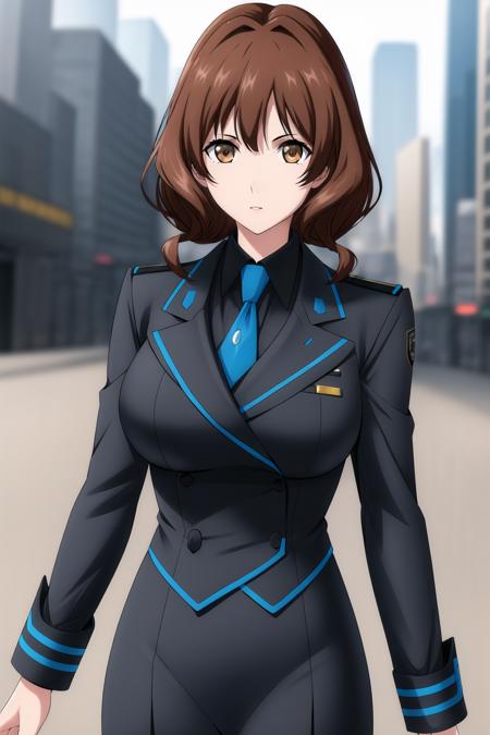 (day:1.7), in front of a cityscape with buildings in the background,
Standing at attention,
jacket, long sleeves,black jacket, black pants, blue necktie,military, military uniform,
<lora:Jinguuji_Marimo_Muv_Luv-KK77-V1:0.7>,<lora:more_details:0.1>,
bangs,brown eyes, brown hair,short hair,
1 girl, 20yo,Young female,Beautiful Finger,Beautiful long legs,Beautiful body,Beautiful Nose,Beautiful character design, perfect eyes, perfect face,expressive eyes,
looking at viewer, in the center of the image,(Upper_body),(Focus on her face),
official art,extremely detailed CG unity 8k wallpaper, perfect lighting,Colorful, Bright_Front_face_Lighting,shiny skin,
(masterpiece:1.0),(best_quality:1.0), ultra high res,4K,ultra-detailed,
photography, 8K, HDR, highres, absurdres:1.2, Kodak portra 400, film grain, blurry background, bokeh:1.2, lens flare, (vibrant_color:1.2)
(Beautiful,large_Breasts:1.4), (beautiful_face:1.5),(narrow_waist),