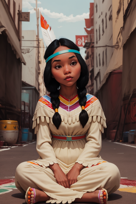 masterpiece, best quality, 1girl, tlily, black hair, twintails, feather hair ornament, headband, dark skin, dress, native american, sitting, new york street background, view from below <lora:TigerLily:1>