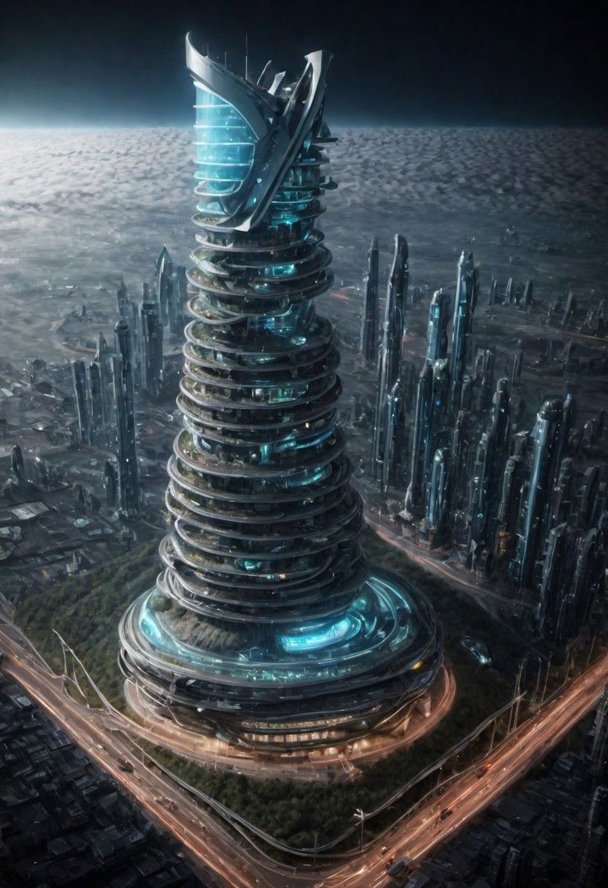 Futuristic Cityscape with Tall, Artistic Skyscraper and Other Buildings