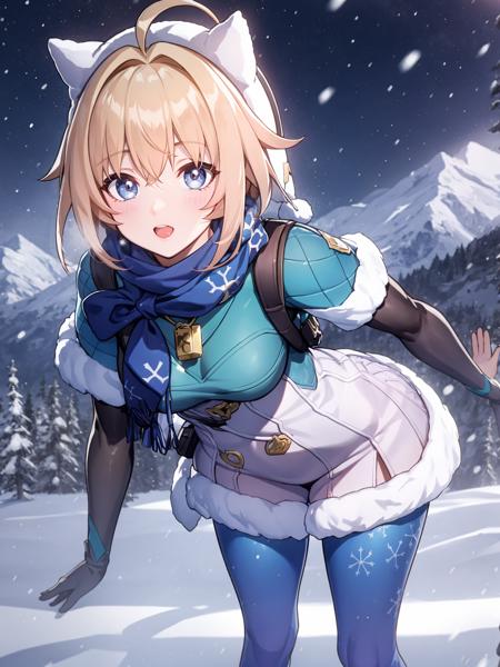 (extremely detailed CG), (best quality), 1girl, perfect face, absurdly long hair, bright pupils, (finely detailed beautiful eyes), shiny skin, lustrous skin, wide hips, narrow waist, Lynx Landau, elbow gloves, scarf, fur trim, winter clothes, fur-trimmed capelet, print pantyhose, pom pom (clothes), backpack, fur-trimmed boots, white headwear, panoramic view, mountainous horizon, snowing, bent over<lora:LynxLandau:0.7>