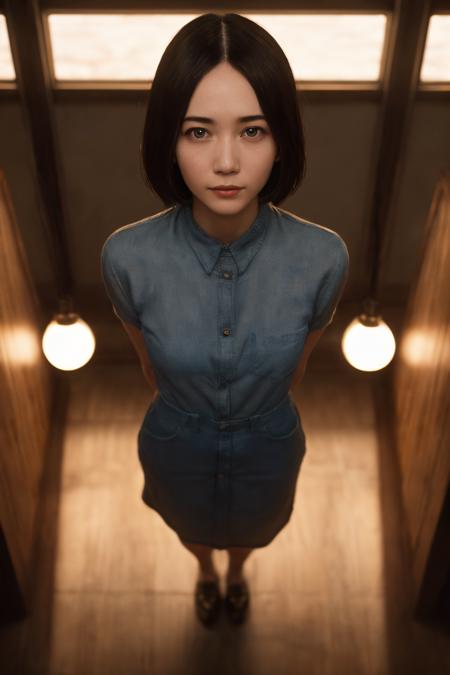 (masterpiece, best quality, beautiful quality, photorealistic, looking at viewer, detailed lighting, shadows, 8k:1.4), (a picture of a woman, 1girl, arms behind back, from above, looking at viewer:1.3), <lora:Ayano Omoto:0.8>,