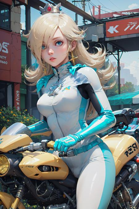 Highly detailed, High Quality, Masterpiece, beautiful, 1girl, IncrsRosalinaBiker, bikesuit, long hair, <lora:Rosalina:0.9>, bike, ground vehicle, on vehicle