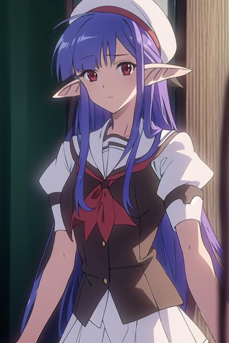 shufflenerine, <lora:nerinetest:1>,
nerine, long hair, blue hair, pointy ears, (red eyes:1.5),
BREAK skirt, hat, school uniform, short sleeves, socks, puffy sleeves, puffy short sleeves, beret,
BREAK looking at viewer,
BREAK indoors, classroom, 
BREAK <lora:GoodHands-vanilla:1>, (masterpiece:1.2), best quality, high resolution, unity 8k wallpaper, (illustration:0.8), (beautiful detailed eyes:1.6), extremely detailed face, perfect lighting, extremely detailed CG, (perfect hands, perfect anatomy),