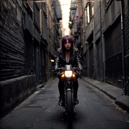 1girl, portrait, wolfcut, bangs, long layered hair, multicolored hair,
(Wrapped in a sleek leather jacket, accentuated by silver studs and chains, emanating a fierce and edgy aura), (A dimly lit alleyway, with shadows lurking in the corners, exuding an atmosphere of calculated intensity: 1.3), (seductive:1.3),(analog, cinematic, film grain, hazy atmosphere, cinematic shot:1.3),
 <lora:concept_hairstyle_wolfCut_sd15_v1-wolfCut:0.8>