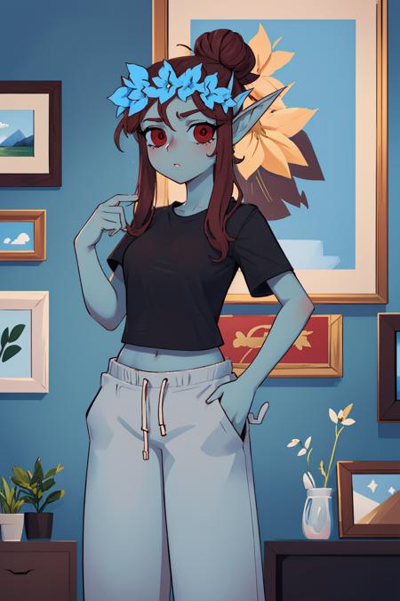 (masterpiece, best quality:1.2), <lora:azura:1>, azura, 1girl, solo, looking at viewer, blue skin, pointy ears, black shirt, hair bun, pants, red sclera, hair flower, breasts,