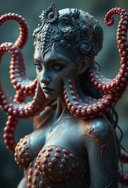 octopus-woman, photography style, fantasy creature, mythological creature, beautiful