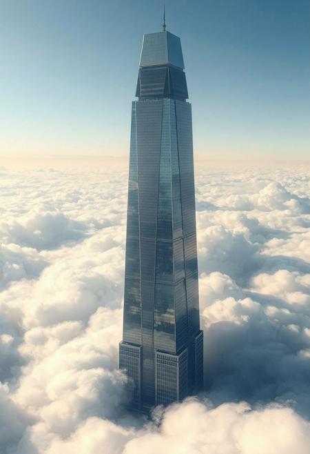 A breathtaking digital painting in a photorealistic style, depicting a solitary megatall skyscraper dramatically emerging from a sea of clouds. The artistic emphasis is on capturing the immense scale and serene beauty of the scene. The building's sleek, modern architecture is rendered with precise detail, highlighting the interplay of light and shadow on its faceted surfaces. The clouds are painted with soft, volumetric brushstrokes, creating a sense of depth and texture in the atmospheric layer. The sky transitions from a soft blue to a warmer tone near the horizon, painted with subtle gradients. Lighting is portrayed as natural, soft sunlight from a high angle, creating a gentle luminescence on the cloud tops and a refined sheen on the building's reflective surfaces. The composition uses a high vantage point to convey the feeling of being above the world, presenting the structure as a solitary, monumental presence in a calm, ethereal environment.