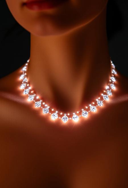 subdermal LED necklace, (internal LED glow:1.7), (embedded LEDs:1.8) forming radiant, intricate light clusters beneath the skin, (evenly spaced glowing points:1.7) creating a necklace-like pattern along the collarbone, soft light radiating through the skin, (delicate light clusters:1.6) mimicking classic diamond jewelry, (natural skin tone:1.5), (ultra-realistic skin texture:1.8), seamless light transitions following the curve of the neck, high-definition, (sophisticated light accents:1.6), perfect for both formal and casual wear, (worn jewelry:-1.8), (external necklace:-1.8), (visible diamonds:-1.8), radiant light seamlessly integrated beneath the skin, timeless yet modern, smooth glowing pattern