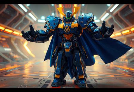 Superheavy robot Samurai Soulbreaker Armor, vibrant blue armor plating, yellow chest 'S' emblem, stands powerfully centered on futuristic Catapult Zone surface. Arms outstretched, poised stance, dynamic blue cape billows behind. Cinematic lighting, depth of field, sharp focus. Octane render, Unreal Engine 5, Houdini, CGSociety, trending on Artstation. Highly detailed, vibrant colors, dramatic angle, impeccable composition. 4K.