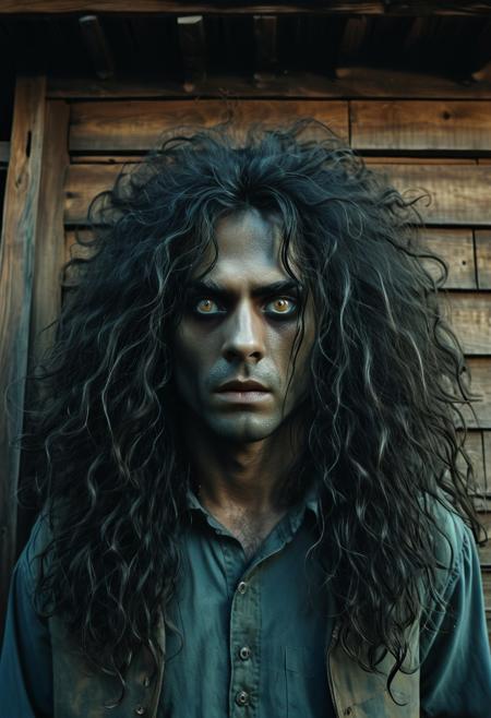 Man with lengthy hair and cosmetics positioned in front of wooden building, Film snapshot of the extraterrestrial girl, possessing haunted eyes and dark tresses, Spooky individual, Frame from terror film, Exhausted haunted demeanor, Metamorphosing into a werewolf, Featuring haunted eyes and curly hair, Exhibiting unruly hair and haunted eyes, Sil from Species, Encompassing haunted eyes and unruly hair.