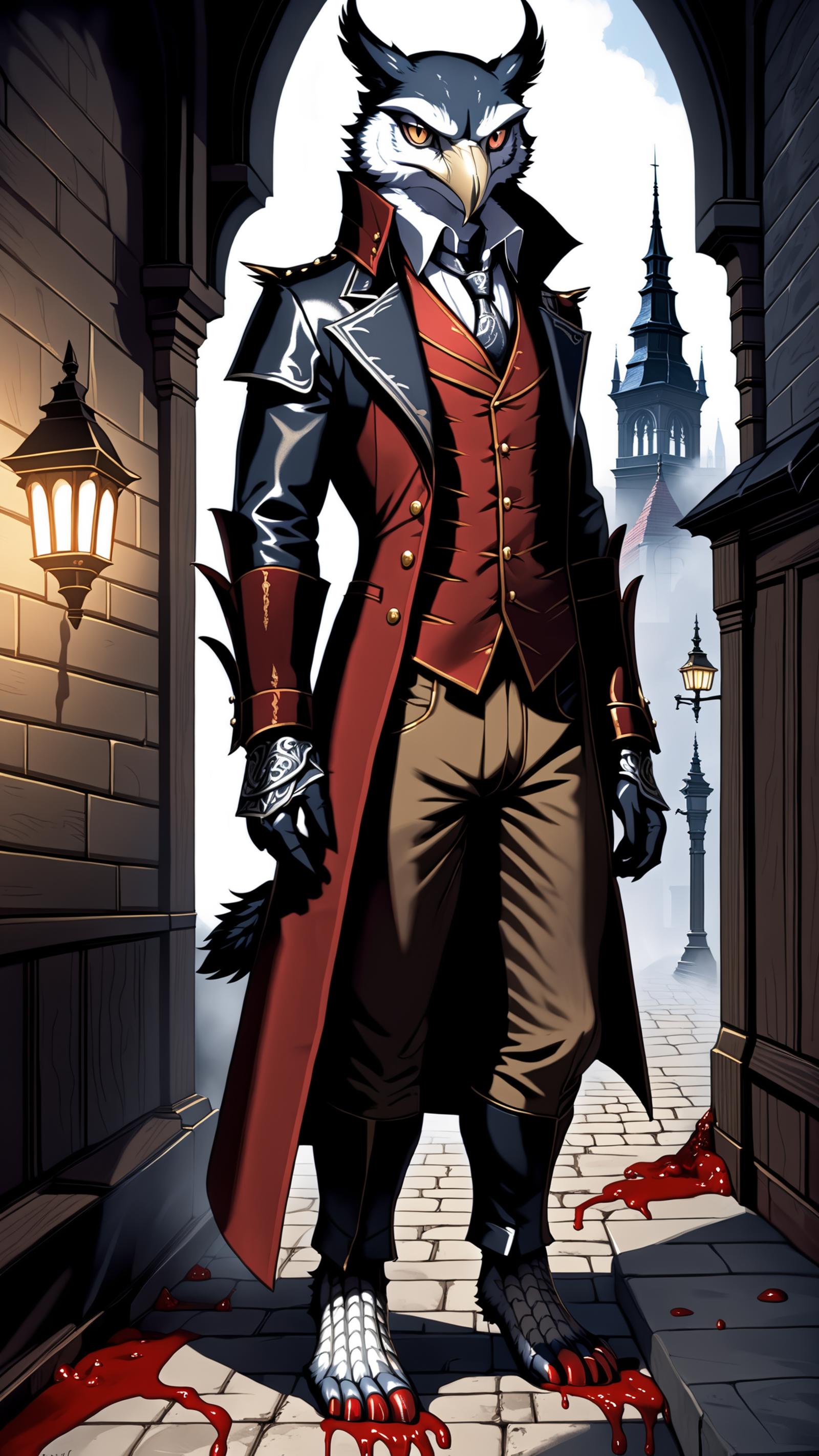 A man in a red and black frock coat, standing on a stone street.